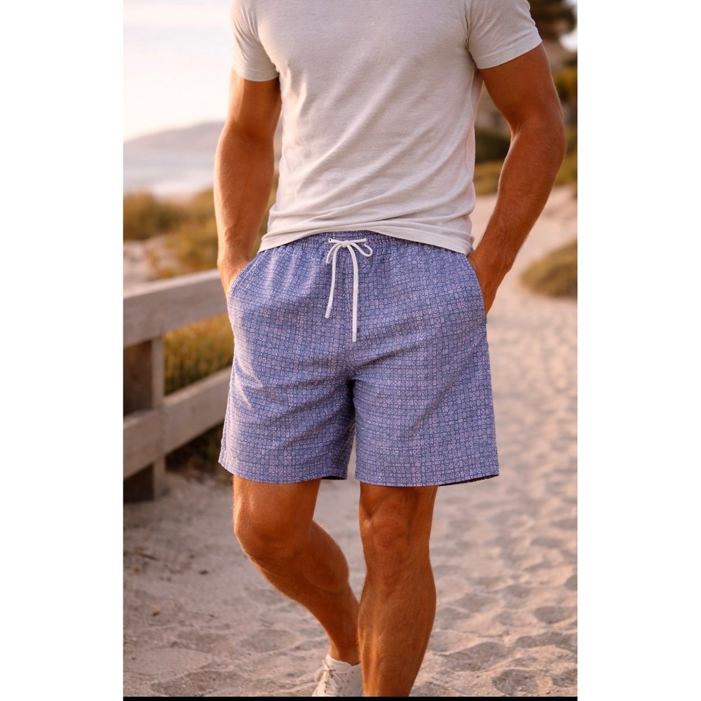 Faherty Shorelite Swim Trunk in Bluebell Flare Geo Small Lined Beach Vacation 7"